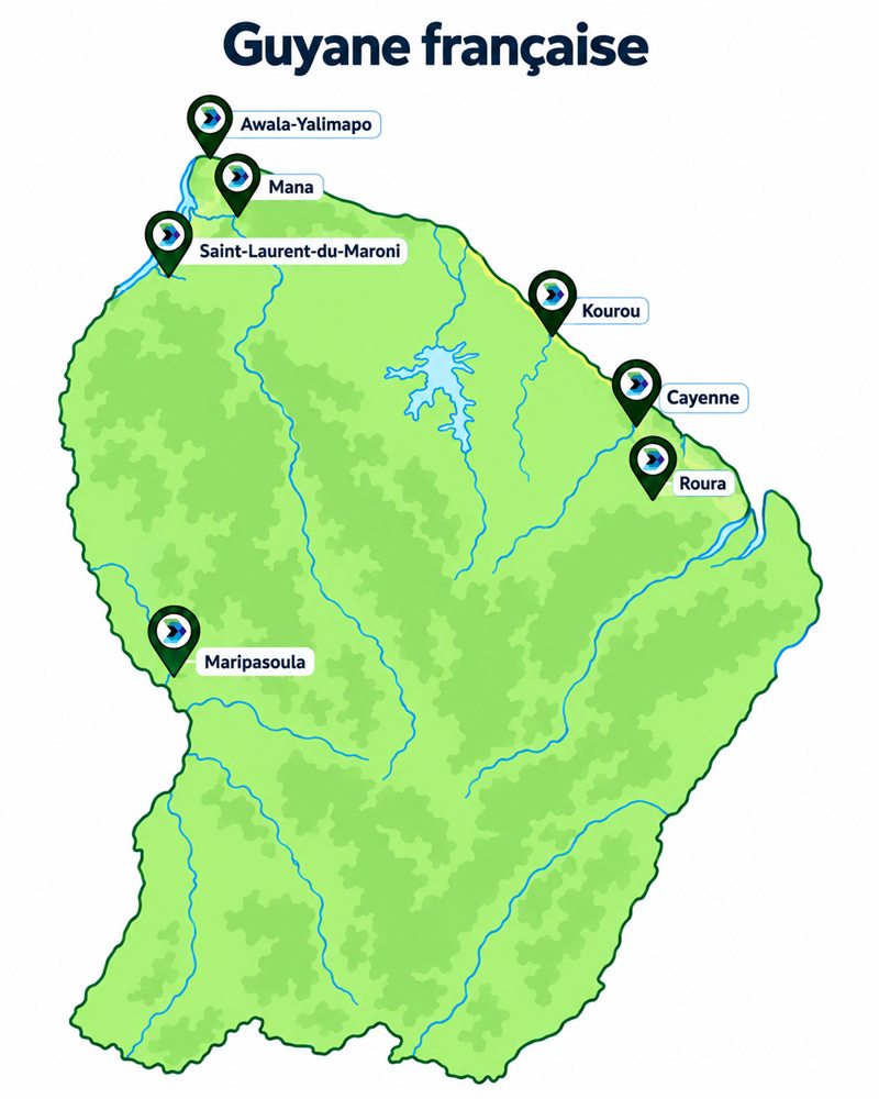 Carte de la Guyane française : communes d'intervention du Cabinet CAP — Awala-Yalimapo, Mana, Saint-Laurent-du-Maroni, Kourou, Cayenne, Roura, Maripasoula