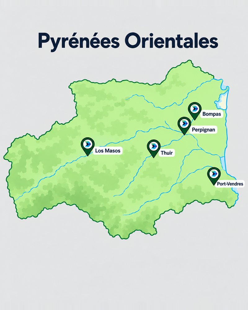 Carte des Pyrénées-Orientales : communes d'intervention du Cabinet CAP — Bompas, Perpignan, Thuir, Los Masos, Port-Vendres